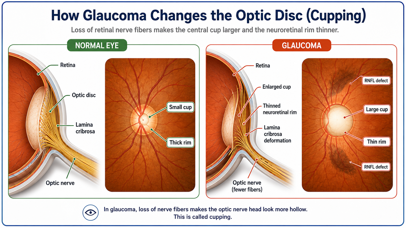 Comparison of a healthy optic disc and a glaucomatous optic disc showing retinal nerve fiber loss, enlargement of the optic cup, thinning of the neuroretinal rim and retinal nerve fiber layer defects.